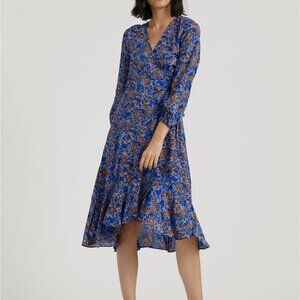 Lucky Brand Karin Long Sleeve Ruffle Hem Wrap Blue Yellow Floral Dress S